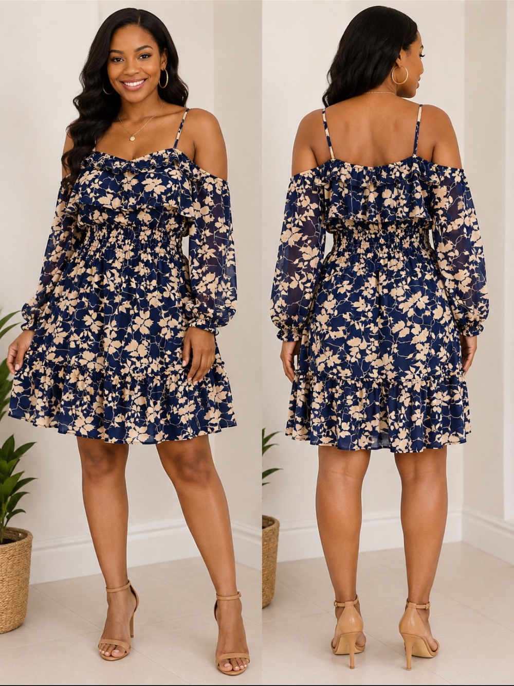 Navy and Cream Floral Cold-Shoulder Mini Dress